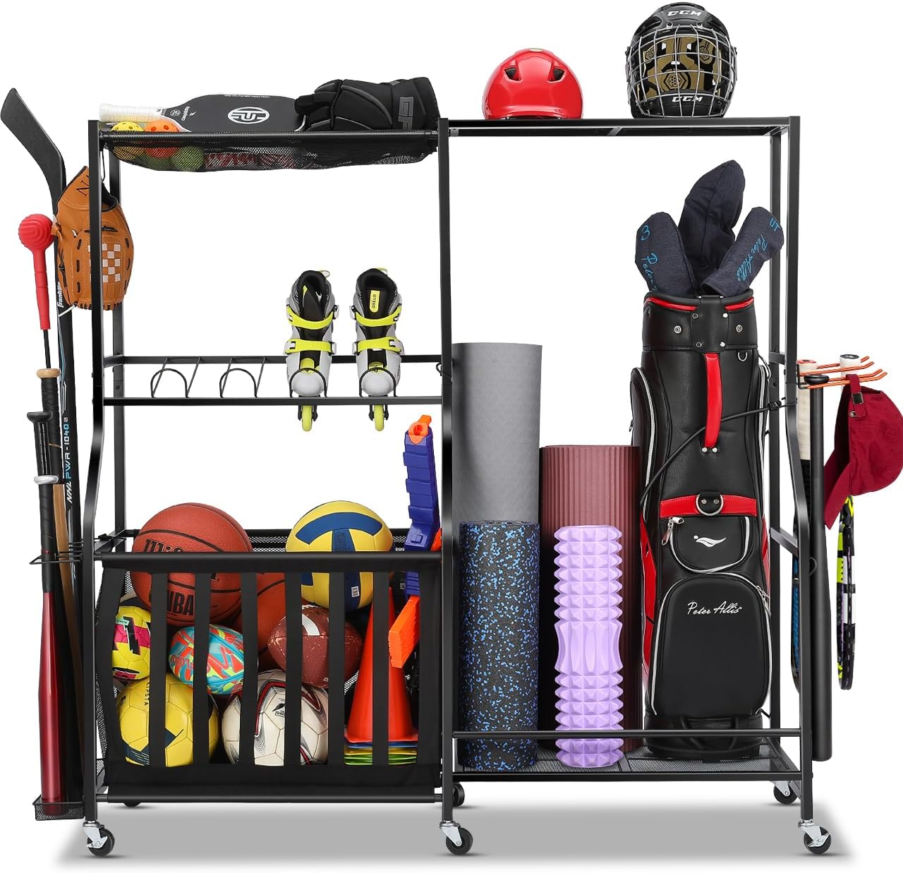 Sports Equipment Bag With Wheels - Garagen-Sportgeräte-Organizer mit Rädern, Golfbag-Aufbewahrungsregal, Ballaufbewahrungsbehälter, Robustes